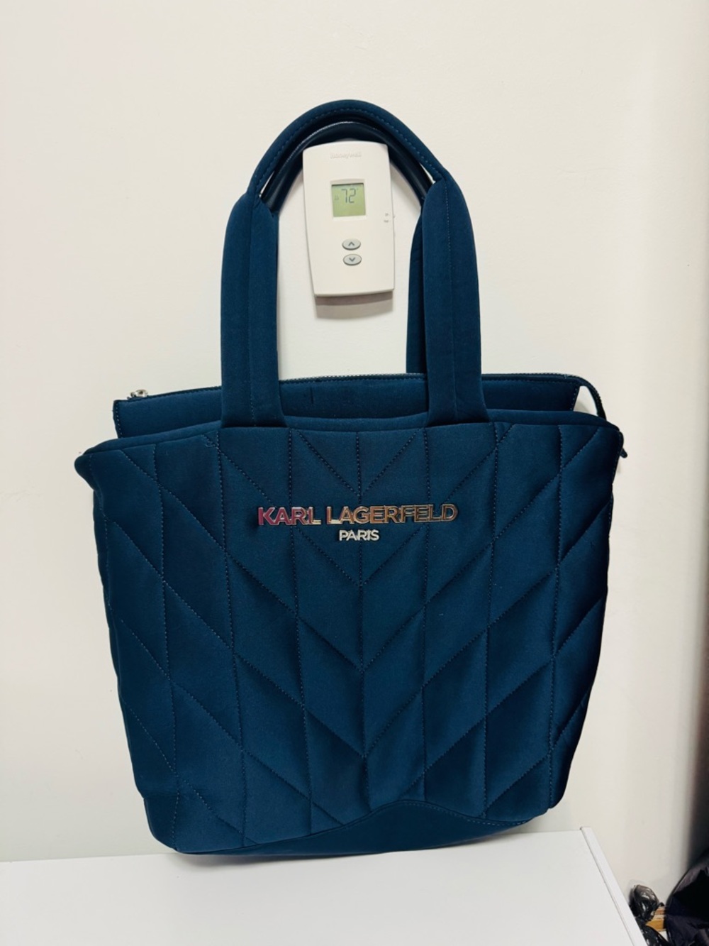 Karl Lagerfeld Teal Quilted Tote with Logo